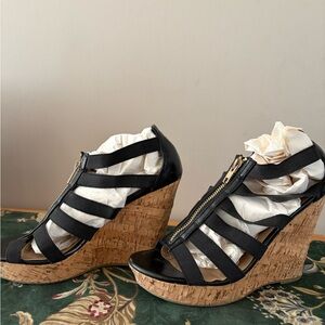 Steve Madden Black Cork Wedge Sandals with Front Zip Detail